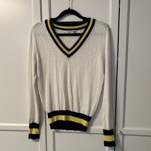 Dex Cream V-Neck Sweater with Navy and Yellow Accents